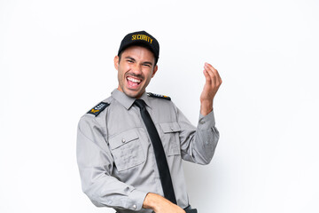 Young safeguard man over isolated white background making guitar gesture