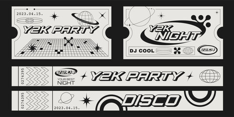 Retro party tickets and control bracelets template with futuristic elements. Y2k aesthetic design.