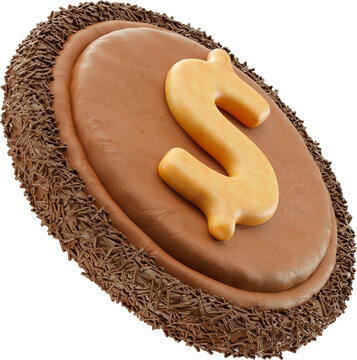 Money symbol icon with chocolate texture and sprinkles in realistic 3d render