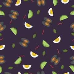 Seamless pattern with ingredients for tom yam. Illustration on the theme of asian cuisine