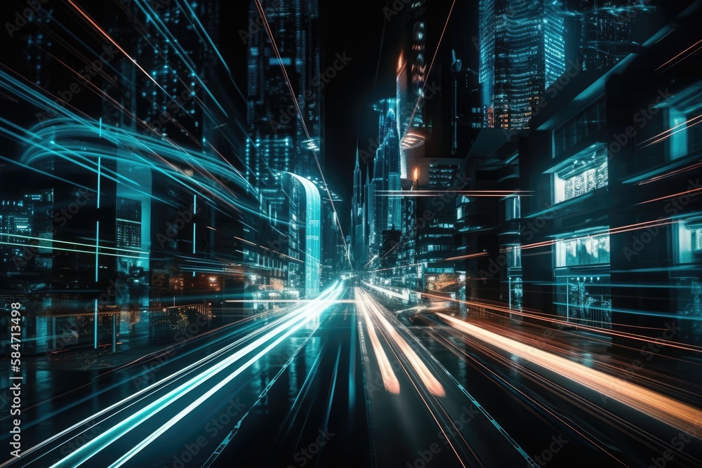 Poster in a megacity at night, warp speed in a hyperloop with blurred light from skyscrapers. future techno