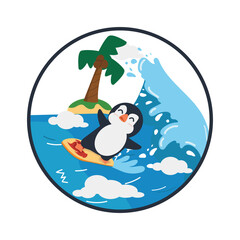 Happy penguin cartoon surfing logo