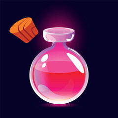 vector round glass bottle with magic potion. rose potion inside a glass bottle with a wooden stopper