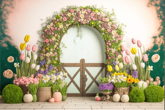 easter scene for a photography studio. background for easter celebration. Generative AI
