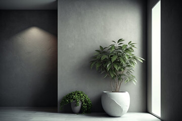 The background of the room's interior features a gray stucco wall and a potted plant. AI