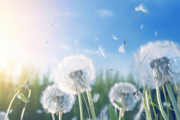 Obraz na płótnie Canvas Blue Skies and Fluffy Dandelions. Generative AI.