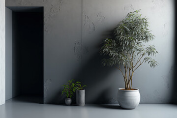 The background of the room's interior features a gray stucco wall and a potted plant. AI