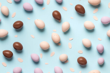 Chocolate Easter Eggs on Pastel Blue Background (Repeatable Pattern)