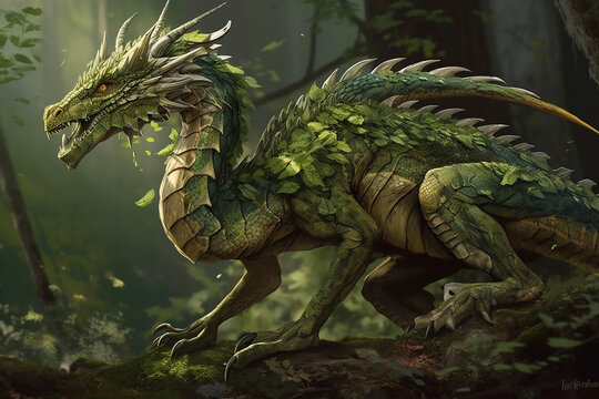 A Forest Dragon With Green, Leaf - Like Scales And A Serpentine Tail, Often Depicted As Guardians Of The Forest. Generative AI