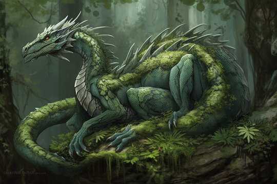 A Forest Dragon With Green, Leaf - Like Scales And A Serpentine Tail, Often Depicted As Guardians Of The Forest. Generative AI