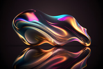 Fototapeta na wymiar Curving Waves of Iridescent Liquid Glass with Holographic Neon Effect in Motion against a Dark Background Generative Ai