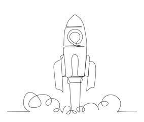 Continuous one line drawing of rocket take off. Rocket space ship launch line art vector illustration.