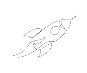 Obraz premium Continuous one line drawing of rocket take off. Rocket space ship launch line art vector illustration.
