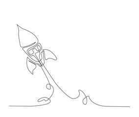 Continuous one line drawing of rocket take off. Rocket space ship launch line art vector illustration.