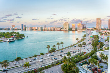 Miami Beach skyline with the road curving out to the horizon from the Port of Miami
