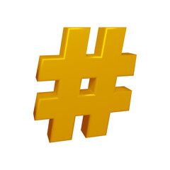 Golden hashtag symbol or icon design in 3d rendering