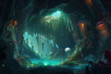 A Mystical Underwater Cave With Glowing Crystals And Stalactites, Inhabited By Glowing Jellyfish And Other Exotic Creatures.