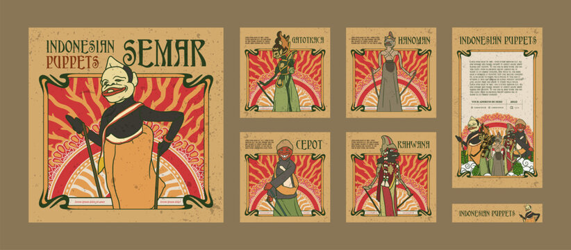 Hand drawn Indonesian Wayang golek illustration for social media posts with brown color