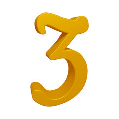 Golden number 3 in 3d rendering for math, business and education concept