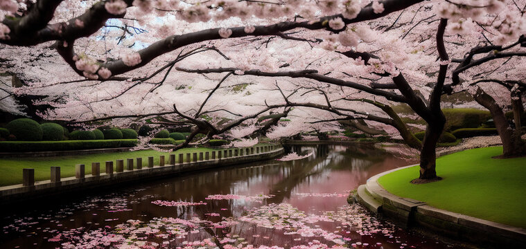 Serene and Majestic Park in Japan, River Adorned With a Beautiful Display of Cherry Blossoms Generative AI Photo