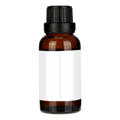 Brown medicine glass bottle isolated over white. Single brown bottle with drug. Medicine bottle of brown glass. Blank white label.