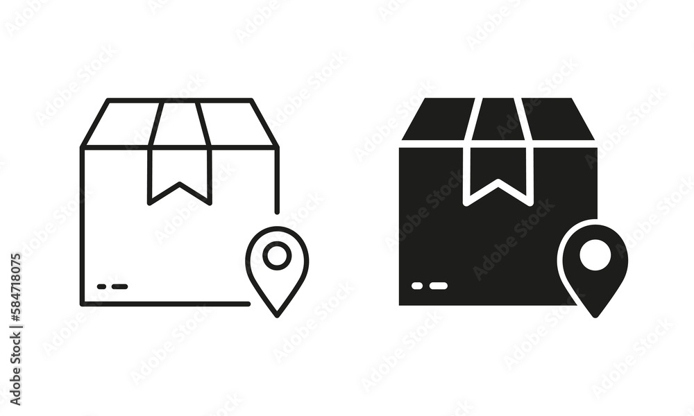 Poster parcel box point on shipping map geolocation silhouette and line icon set. order delivery location. 