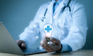 Medicine doctor holding digital interface medical technology and futuristic concept.Digital healthcare and network on modern virtual screen.