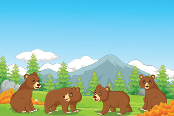 Obraz na płótnie Canvas Family Of Bear Cartoon with Landscape Background