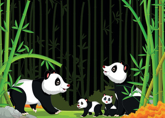 Cute Family of Panda Cartoon Playing