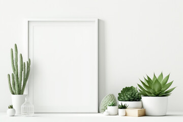 White empty frame mockup with green plants on empty white neutral wall background. Generative AI.