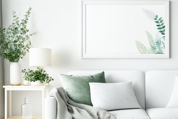 White empty frame mockup on empty white wall in Boho style living room interior with green plants. Generative AI.