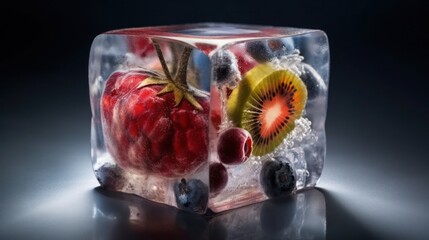 Frozen fruit inside of ice cube, generative ai