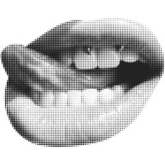 Halftone lip. Female lip with tongue and piercing. Trendy png  pieces. Modern forms for card, print on clothes. Creative collage. - 584719042