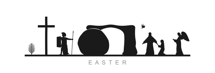 Easter, set of icons on a white background. A palm branch, a cross, a Roman soldier, a cave, Jesus Christ, Mary and an angel.