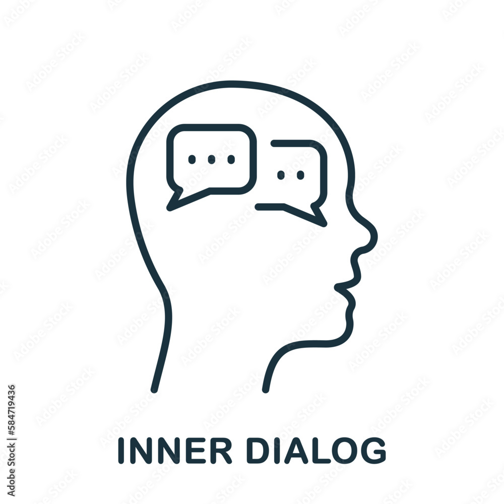 Poster inner dialog in human head line icon. person's internal conversation linear pictogram. dialog with y