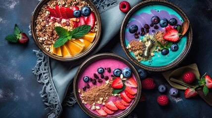 Fototapeta premium Yogurt with cereals and fruits. Generative AI