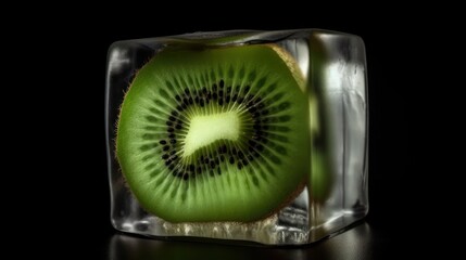 Naklejka na ściany i meble Slices of kiwi inside of ice cube, generative ai