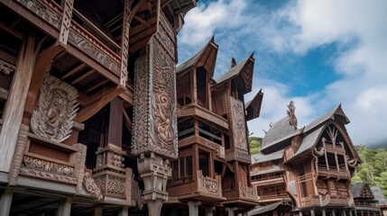 Fototapeta na wymiar Tongkonan houses, Traditional Torajan buildings, Tana Toraja, Sulawesi, Indonesia, Wonderful Indonesia, Generative AI
