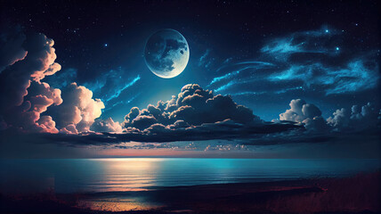 Peaceful background, blue night sky with moon, stars, beautiful clouds, glowing horizon with Generative AI Technology
