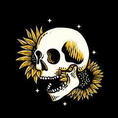 hand drawn skull with sunflower illustration