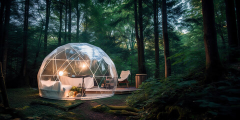 campsite geodesic glamping bubble dome with leds in the forest	
