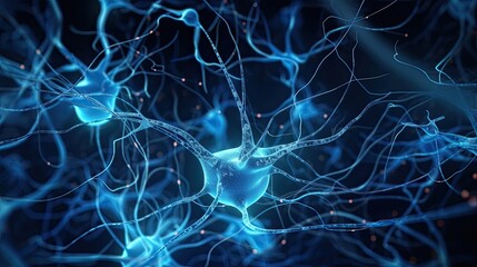 Neurons, Active nerve cells, Conceptual illustration of neuronal cells with bright connecting nodes in the abstract dark space, illustration in high resolution, 3D rendering