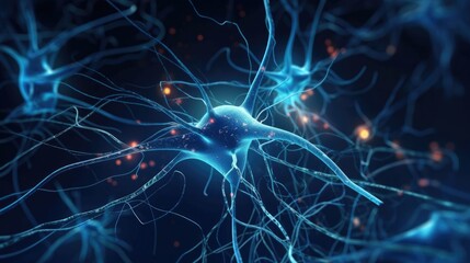 Neurons, Active nerve cells, Conceptual illustration of neuronal cells with bright connecting nodes in the abstract dark space, illustration in high resolution, 3D rendering