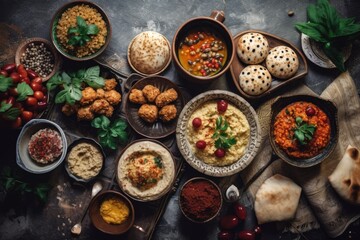 Arab or Middle Eastern cuisine with a variety of meze on a rustic concrete background. sambusak, rice, tahini, kibbeh, falafel, baba ghanoush, hummus, and pita. Halal cuisine For text only. a top view - obrazy, fototapety, plakaty