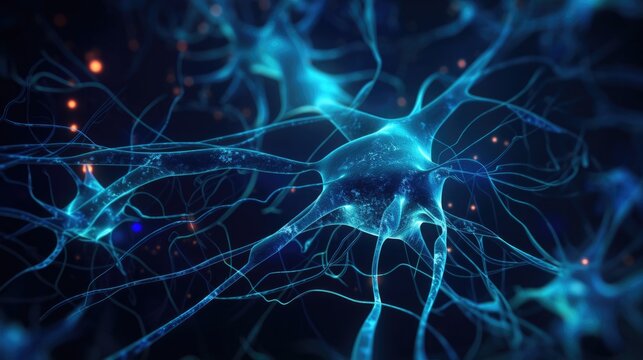 Neurons, Active nerve cells, Conceptual illustration of neuronal cells with bright connecting nodes in the abstract dark space, illustration in high resolution, 3D rendering