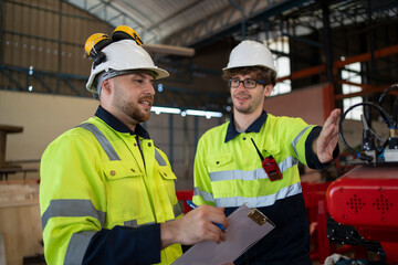 Engineer or technician worker check the robotic arm function of machine and co-worker support in the back in factory workplace