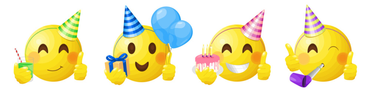 Happy Birthday cute emoji set with party hats, whistle, birthday cake, balloons and gift box	