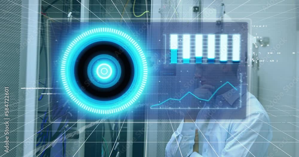 Poster animation of scope scanning and data processing over caucasian male it technician by computer server