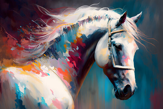 Colorful artistic painting white horse, ai generative