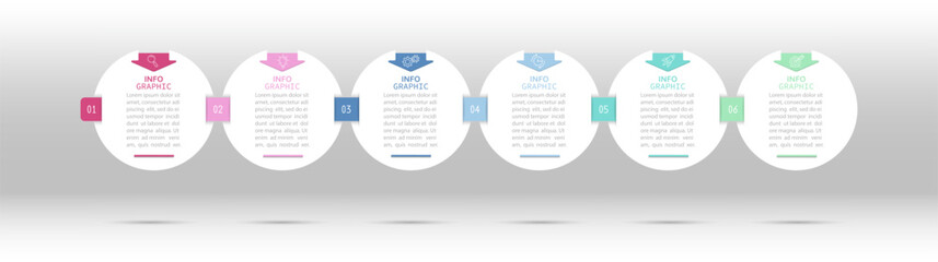 Infographics. 6 stages of achieving the result. Stages of development, development, training, marketing, planning or training. Business strategy with visual icons